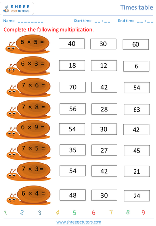 Grade 2  Maths worksheet: Time-table Practice - Practice of 6's and 7's time tables