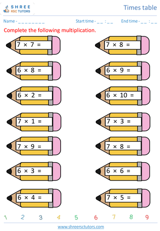 Grade 2  Maths worksheet: Time-table Practice - Practice of 6's and 7's time tables