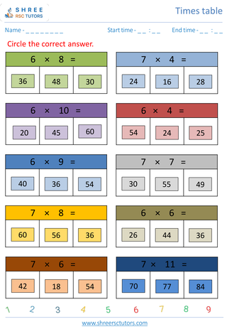 Grade 2  Maths worksheet: Time-table Practice - Practice of 6's and 7's time tables