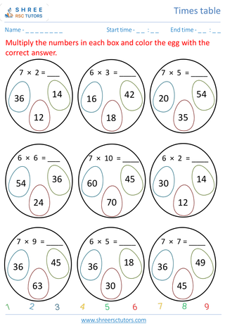 Grade 2  Maths worksheet: Time-table Practice - Practice of 6's and 7's time tables