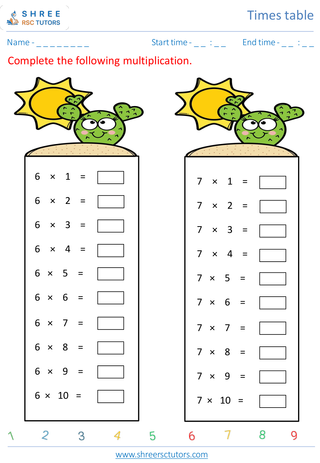 Grade 2  Maths worksheet: Time-table Practice - Practice of 6's and 7's time tables