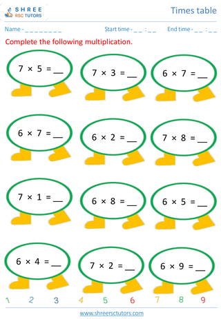 Grade 2  Maths worksheet: Time-table Practice - Practice of 6's and 7's time tables