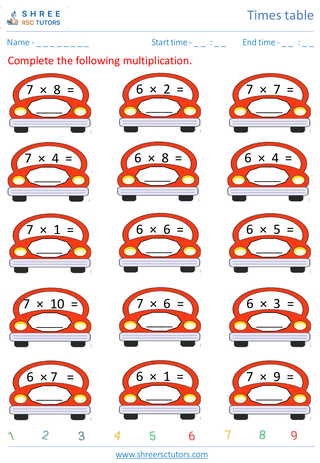 Grade 2  Maths worksheet: Time-table Practice - Practice of 6's and 7's time tables