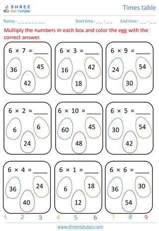 Grade 2  Maths worksheet: Time-table Practice - Practice of 6's time table