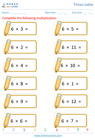 Grade 2  Maths worksheet: Time-table Practice - Practice of 6's time table