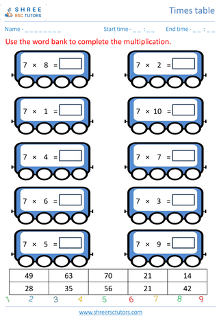 Grade 2  Maths worksheet: Time-table Practice - Practice of 7's time tables