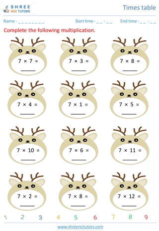 Grade 2  Maths worksheet: Time-table Practice - Practice of 7's time tables