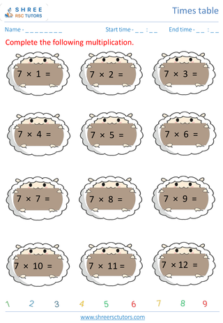 Grade 2  Maths worksheet: Time-table Practice - Practice of 7's time tables