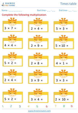 Grade 2  Maths worksheet: Time-table Practice - Rivision of 2's, 3's, 4's and 5's time tables