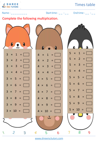 Grade 2  Maths worksheet: Time-table Practice - Rivision of 2's, 3's, 4's and 5's time tables