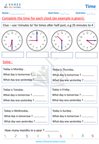 Grade 2  Maths worksheet: Time-telling skills - Calender days of the week