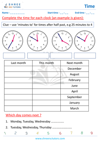 Grade 2  Maths worksheet: Time-telling skills - Calender days of the week