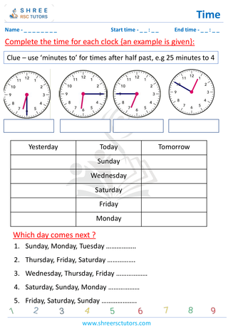 Grade 2  Maths worksheet: Time-telling skills - Calender days of the week