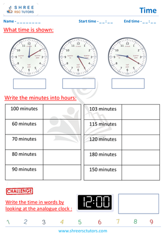 Grade 2  Maths worksheet: Time-telling skills - Hours and minute