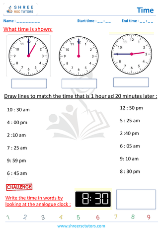 Grade 2  Maths worksheet: Time-telling skills - Hours and minute