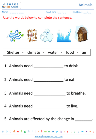 Grade 2  Science worksheet: Animals - Basic needs of animals