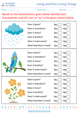 Grade 2  Science worksheet: Living and Non-Living Things - Identifying characteristics of living things