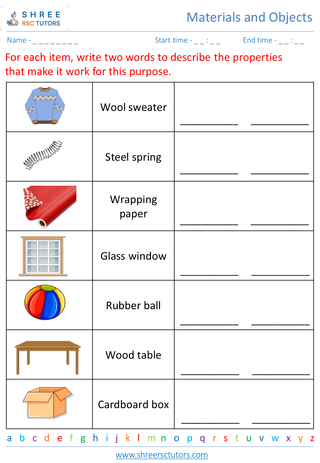 Grade 2  Science worksheet: Materials and Objects - Properties of materials