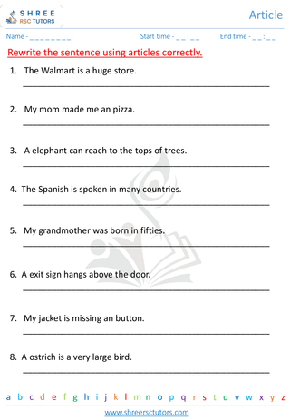 Grade 3  English worksheet: Articles