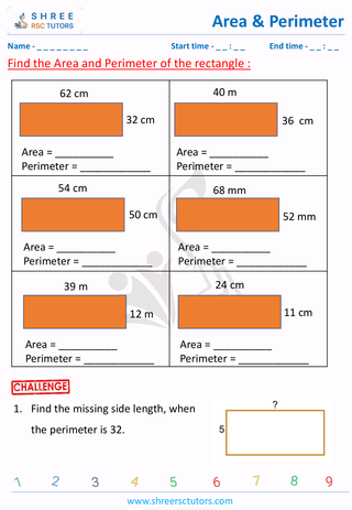 Grade 3  Maths worksheet: Calculating the area and perimeter - Area of rectangle