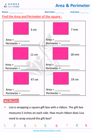 Grade 3  Maths worksheet: Calculating the area and perimeter - Area of square
