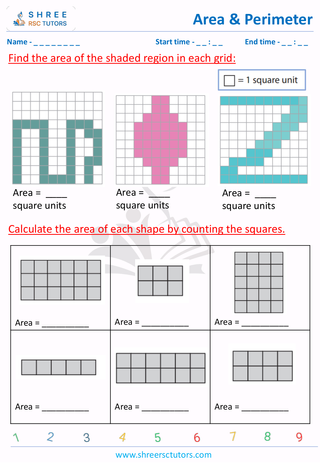 Grade 3  Maths worksheet: Calculating the area and perimeter - Count the squares to find the area