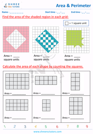 Grade 3  Maths worksheet: Calculating the area and perimeter - Count the squares to find the area
