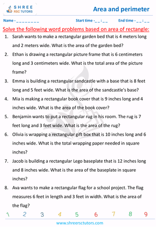Grade 3  Maths worksheet: Calculating the area and perimeter - Word problems on area of rectangles