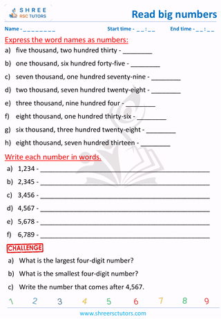 Grade 3  Maths worksheet: Comprehend large numbers - Read 4 digit numbers