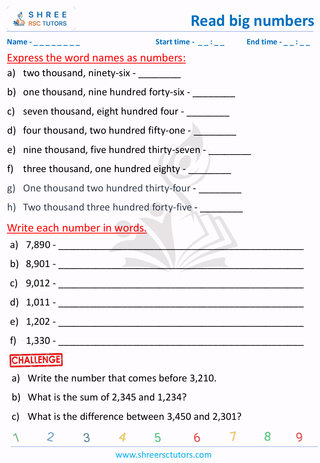 Grade 3  Maths worksheet: Comprehend large numbers - Read 4 digit numbers
