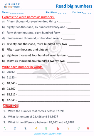 Grade 3  Maths worksheet: Comprehend large numbers - Read 5 digit numbers