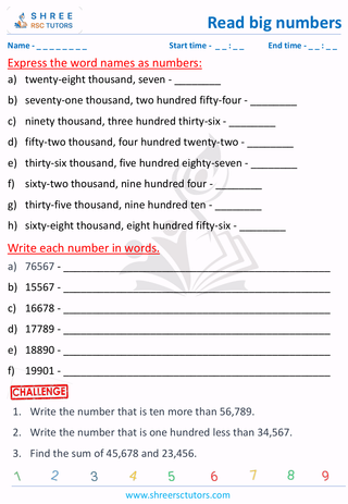 Grade 3  Maths worksheet: Comprehend large numbers - Read 5 digit numbers