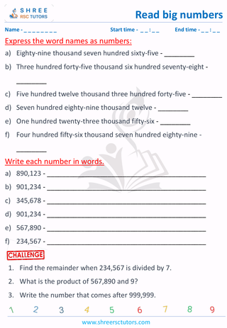 Grade 3  Maths worksheet: Comprehend large numbers - Read 6 digit numbers