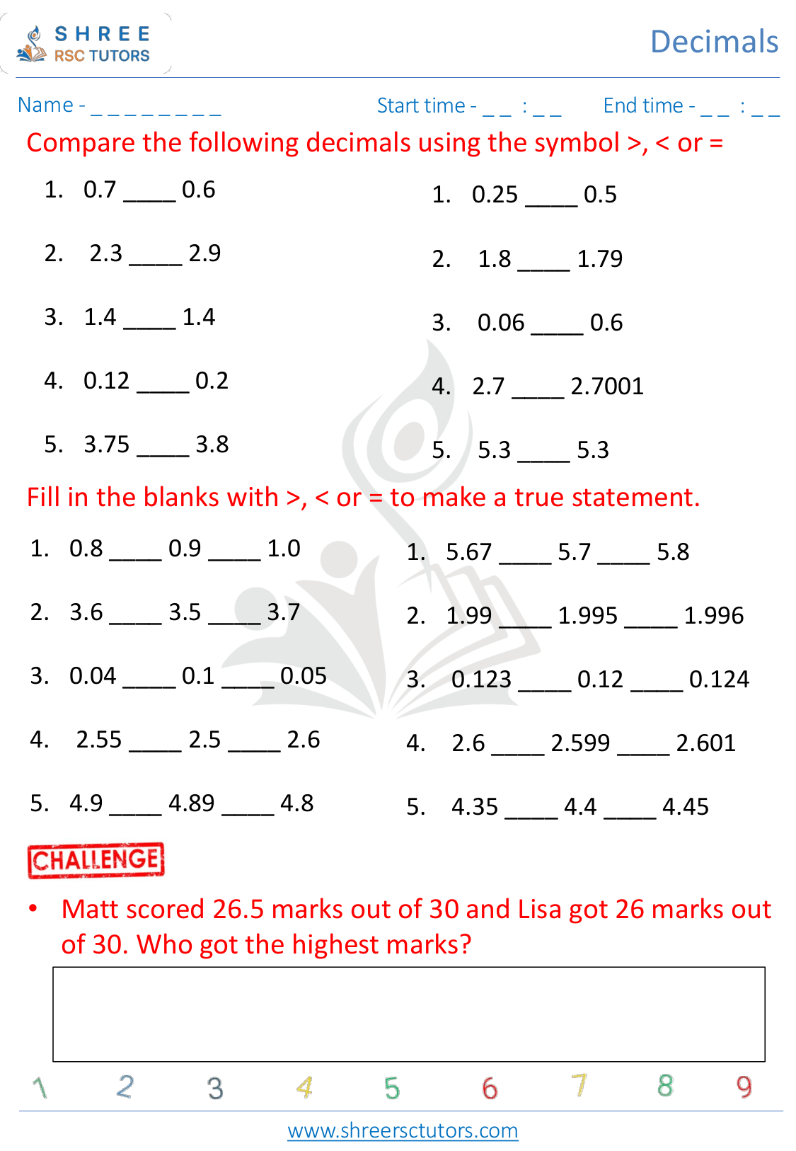 Comparing Decimals Worksheets For Grade 3 Maths Shree Rsc Tutors 