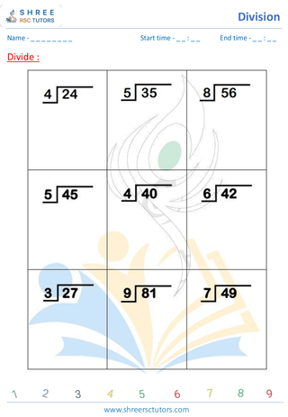 Grade 3  Maths worksheet: Division calculation - Divide 2 digit by 1 digit