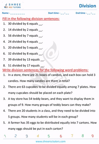 Grade 3  Maths worksheet: Division calculation - Writing division sentences