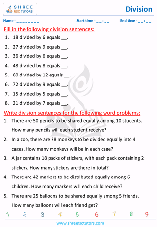 Grade 3  Maths worksheet: Division calculation - Writing division sentences
