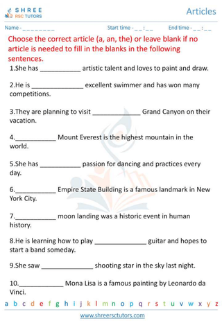 Grade 4  English worksheet: Articles