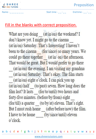 Grade 4  English worksheet: Preposition