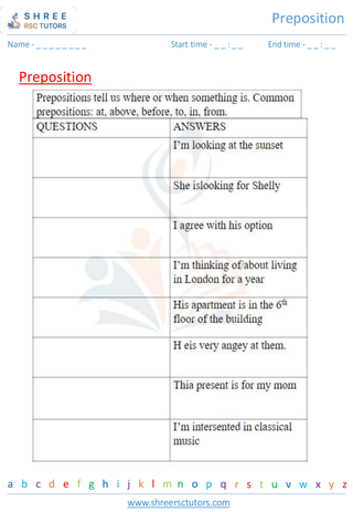 Grade 4  English worksheet: Preposition
