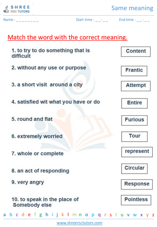 Grade 4  English worksheet: Same meaning