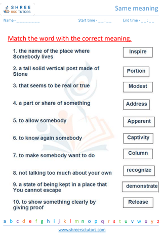 Grade 4  English worksheet: Same meaning