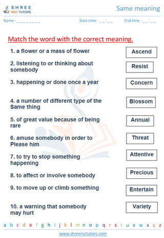 Grade 4  English worksheet: Same meaning