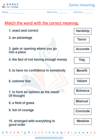 Grade 4  English worksheet: Same meaning