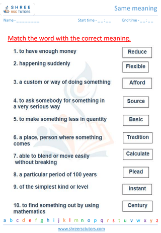 Grade 4  English worksheet: Same meaning