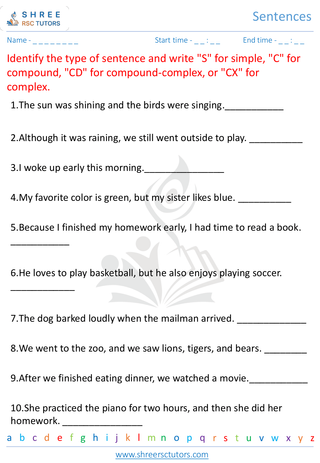 Grade 4  English worksheet: Sentence