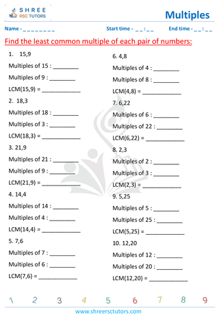 Grade 4  Maths worksheet: Determine multiples - Finding least common multiple