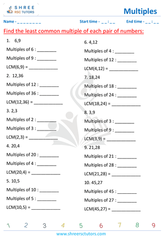 Grade 4  Maths worksheet: Determine multiples - Finding least common multiple