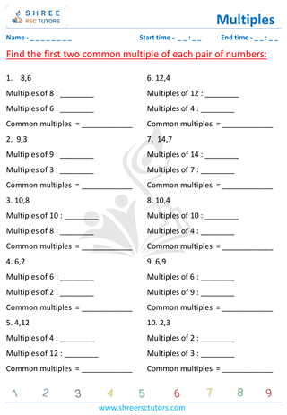 Grade 4  Maths worksheet: Determine multiples - Finding least common multiple