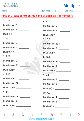 Grade 4  Maths worksheet: Determine multiples - Finding least common multiple